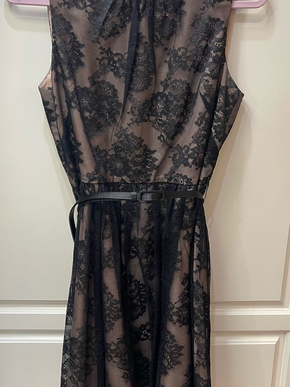 Jessica Howard Black Lace Overlay A-Line Dress Nude Underlay 12P